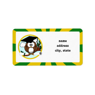 Graduating Owl w/  Green & Gold School Colors Label