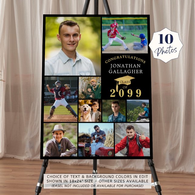 Graduation 10 Photo Collage Congrats Black Gold Foam Board (Creator Uploaded)