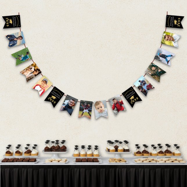 Graduation 12 Photos Class Year Name Black Gold Bunting Flags (Creator Uploaded)