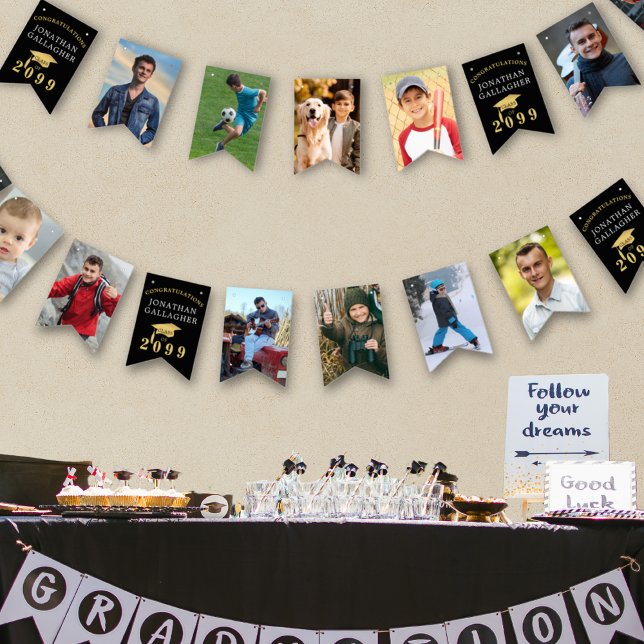 Graduation 12 Photos Class Year Name Black Gold Bunting Flags (Creator Uploaded)