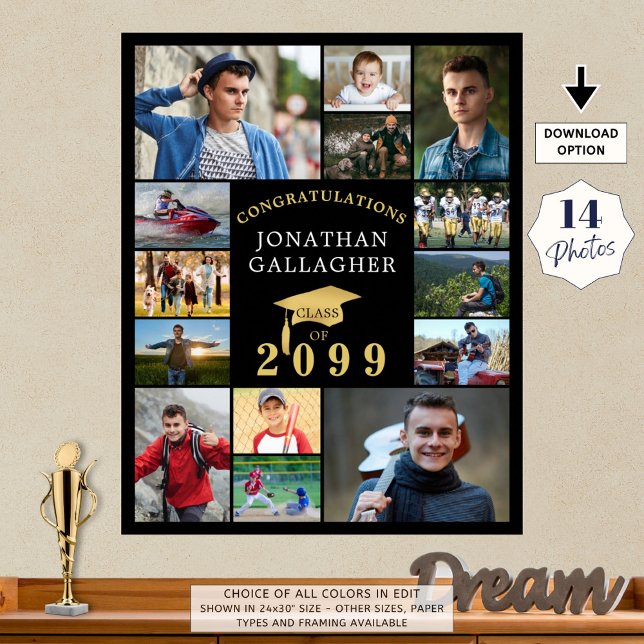Graduation 14 Photo Collage Congrats Black Gold Poster (Creator Uploaded)