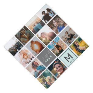 Graduation 14 photo collage grid monogram teal graduation cap topper
