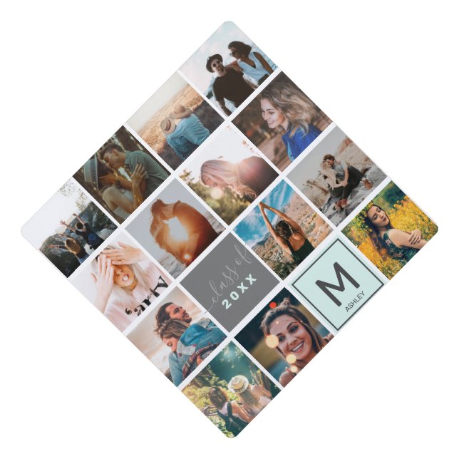 Graduation 14 photo collage grid monogram teal graduation cap topper (Front)
