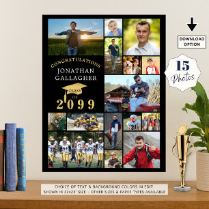 Graduation 15 Photo Collage Congrats Black Gold Poster