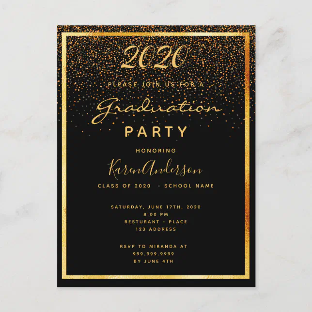 Graduation 2020 party black glam gold invitation postcard | Zazzle