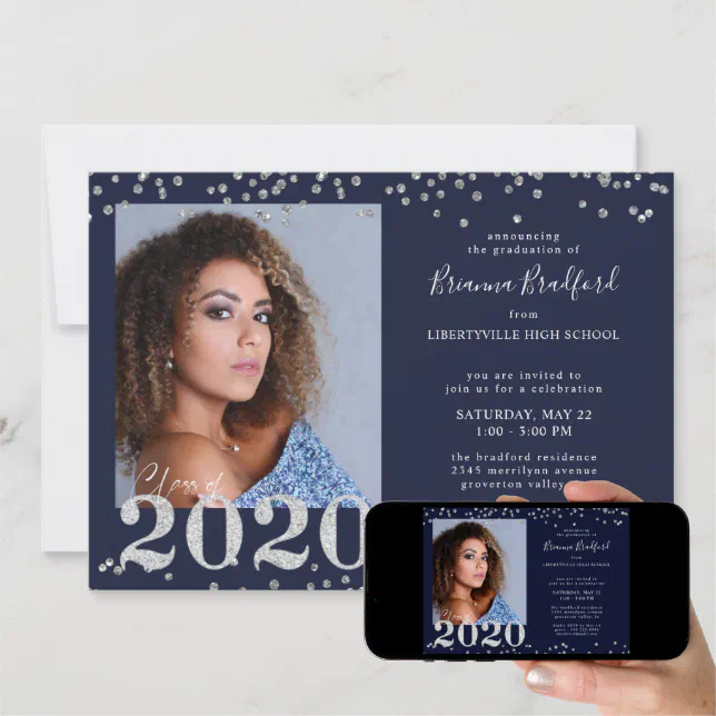 Graduation 2020 Silver Glitter Confetti Navy Blue Invitation | Zazzle