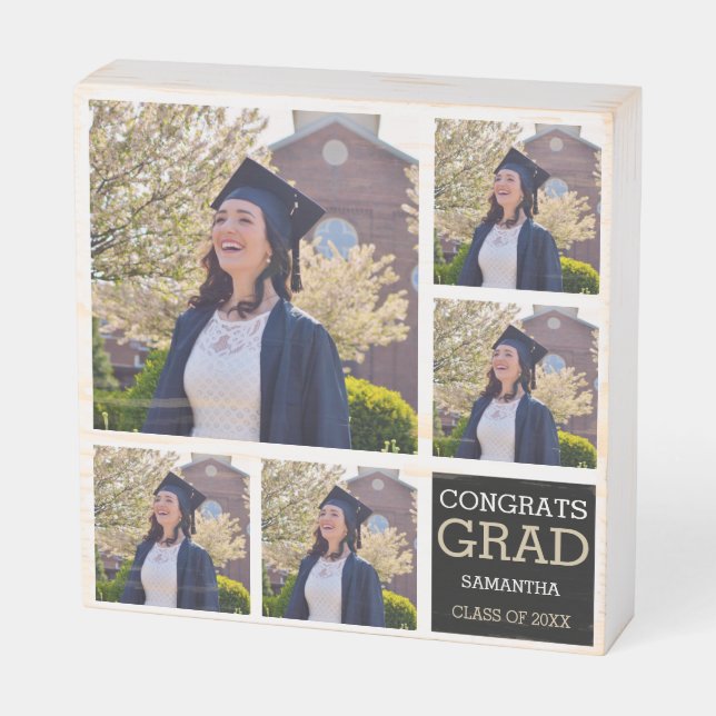 Graduation 2022 Congrats Grad 5 Photo Collage Wood Wooden Box Sign (Angled Horizontal)