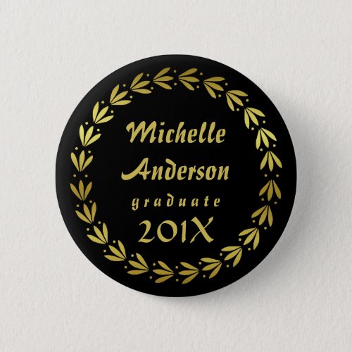 Graduation 2023 Black  Gold Laurel Wreath Custom Pinback Button