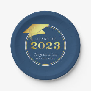 Graduation 2023 Blue Faux Gold or Custom Color Paper Plates