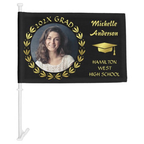 Graduation 2023 Gold Black Laurel Wreath Photo Car Flag