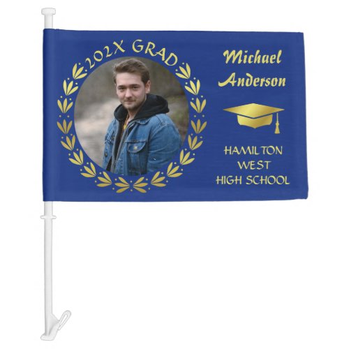 Graduation 2023 Gold Blue Laurel Wreath Photo Car Flag