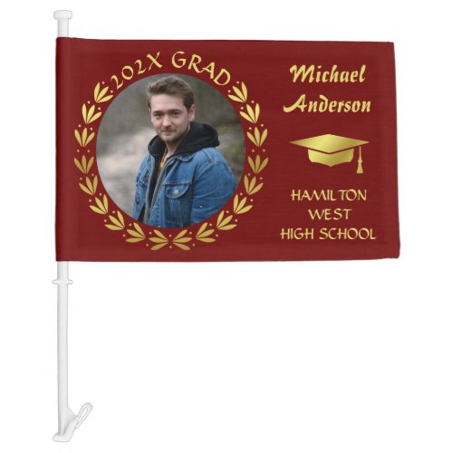 Graduation 2023 Gold Red Laurel Wreath Photo Car Flag