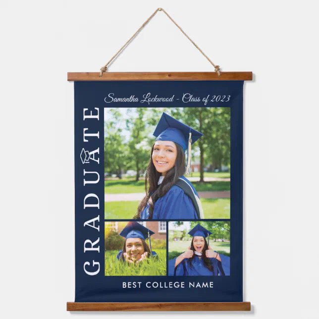 Graduation 2023 Grad Photos Navy Blue Keepsake Hanging Tapestry | Zazzle