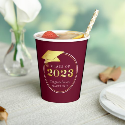 Graduation 2023 Maroon Faux Gold or Custom Color Paper Cups