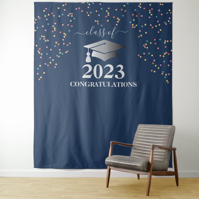 Graduation 2023 Royal Blue Confetti Silver  Tapestry (In Situ)