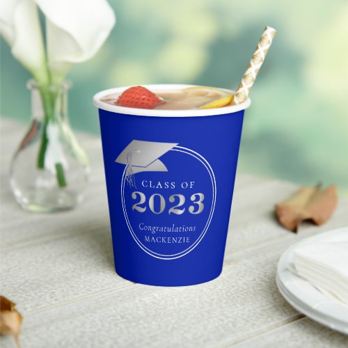  Graduation 2023 Royal Blue Faux Silver Paper Cups