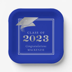  Graduation 2023 Royal Blue Faux Silver Paper Plates
