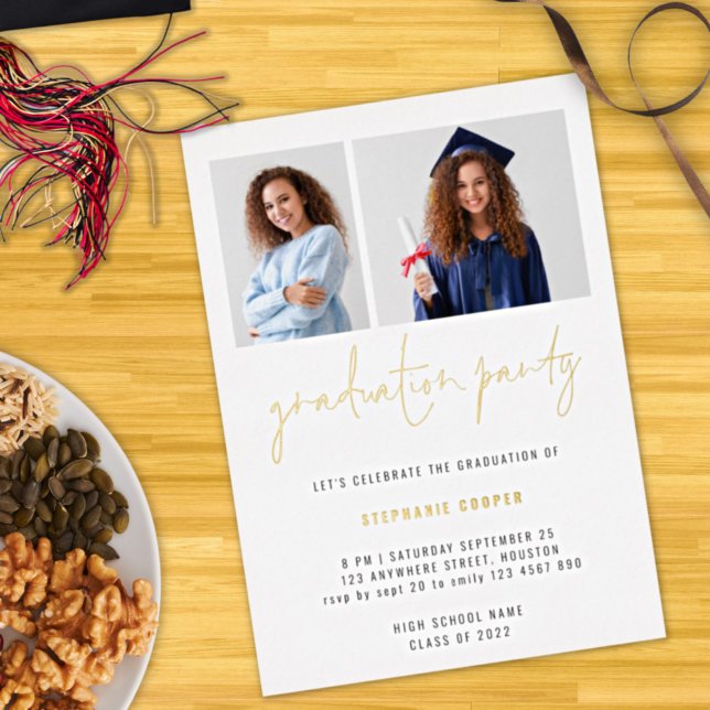 Graduation 2024 2 Photos Grad Party Gold Real Foil Invitation (Creator Uploaded)