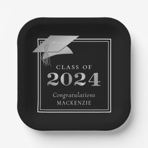 Graduation 2024 Black Faux Metallic Silver Paper Plates