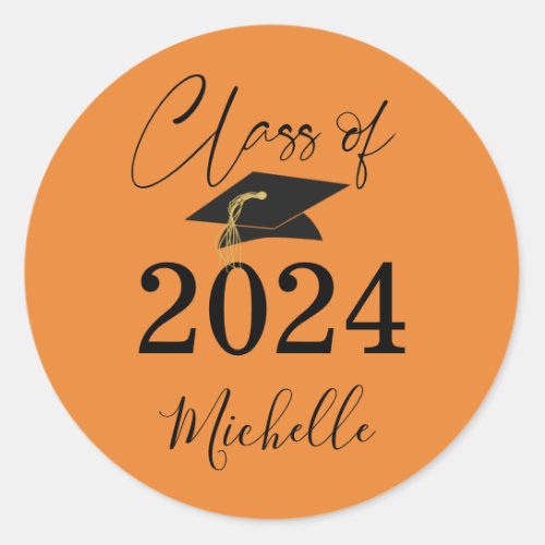 Graduation 2024 Black Orange Script Classic Round Sticker