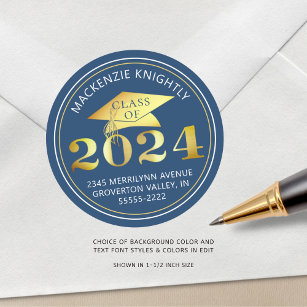 Graduation 2024 Blue Faux Gold Foil Address Classic Round Sticker
