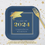 Graduation 2024 Blue Faux Gold or Custom Color Paper Plates<br><div class="desc">Elegant personalized, custom color CLASS OF 2024 graduation party paper plates with CONGRATULATIONS and your graduate's name accented with a faux metallic gold 2024 and graduation cap or mortarboard in your choice of background color (shown in Blue) you can change to a school color or coordinating party theme color. ASSISTANCE:...</div>