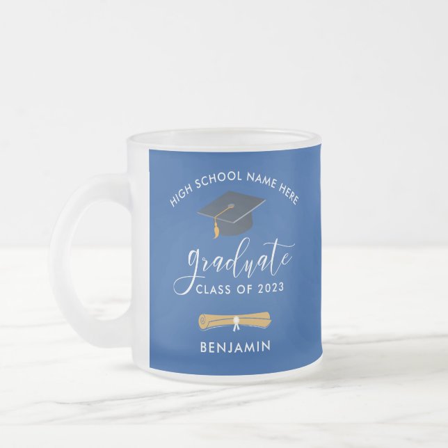 Graduation 2024 Blue Personalized Graduate Frosted Glass Coffee Mug (Left)