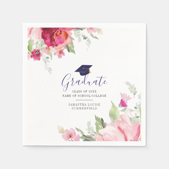 Graduation 2024 Elegant Floral Script Custom Paper Napkins (Front)
