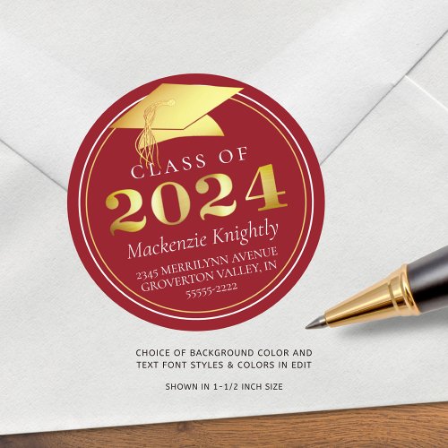 Graduation 2024 Elegant Red Gold Return Address Classic Round Sticker