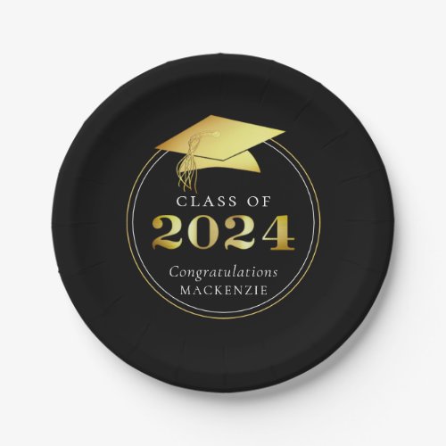 Graduation 2024 Faux Metallic Black Gold Paper Plates