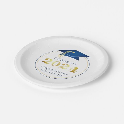 Graduation 2024 Faux Metallic Blue Gold Paper Plates