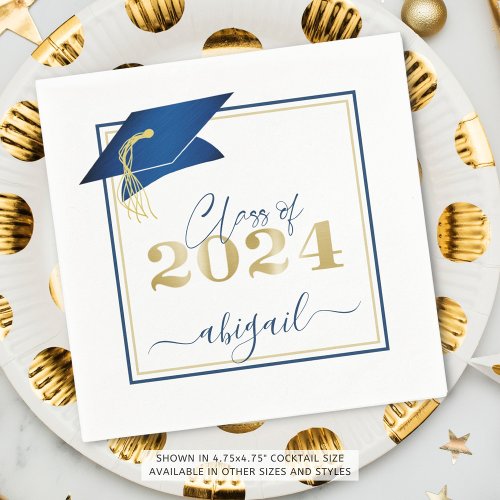 Graduation 2024 Faux Metallic Blue Gold Script Napkins