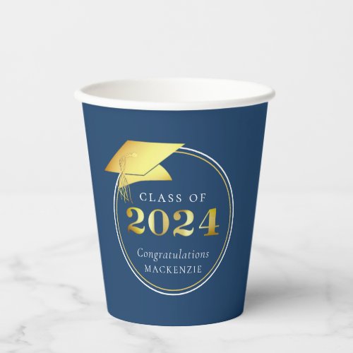 Graduation 2024 Faux Metallic Gold Blue Paper Cups