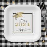 Graduation 2024 Faux Metallic Gold Cap Black Paper Plates<br><div class="desc">Modern personalized CLASS OF 2024 graduation party plates with your graduate's name in a chic handwritten script with a faux metallic gold 2024 and graduation cap. ASSISTANCE: For help with design modification/personalization, color change, transferring the design to another product or would like coordinating items, contact the designer BEFORE ORDERING via...</div>