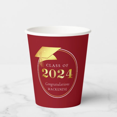 Graduation 2024 Faux Metallic Gold Red Paper Cups