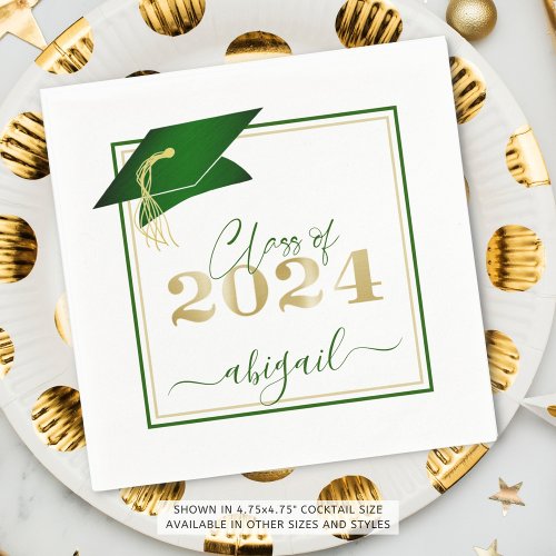 Graduation 2024 Faux Metallic Green Gold Script Napkins