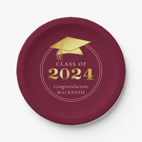 Graduation 2024 Faux Metallic Maroon Gold Paper Plates