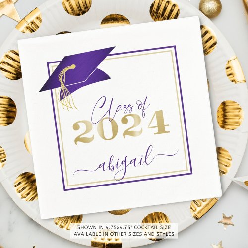 Graduation 2024 Faux Metallic Purple Gold Script Napkins