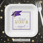 Graduation 2024 Faux Metallic Purple Gold Script Paper Plates<br><div class="desc">Modern personalized CLASS OF 2024 purple, gold and white graduation party plates with your graduate's name in a chic handwritten script with faux metallic purple graduation cap and faux metallic gold 2024. ASSISTANCE: For help with design modification/personalization, color change, transferring the design to another product or would like coordinating items,...</div>