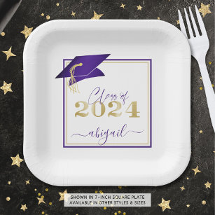 Graduation 2024 Faux Metallic Purple Gold Script Paper Plates