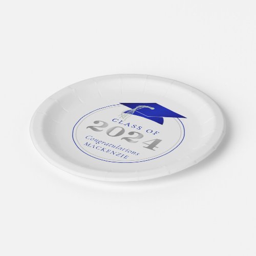 Graduation 2024 Faux Metallic Royal Blue Silver Paper Plates