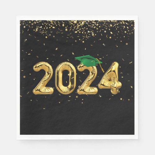 Graduation 2024 Gold Balloons and Green Cap Napkins