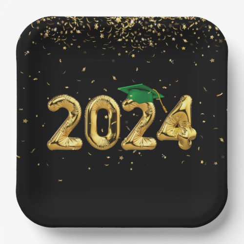 Graduation 2024 Gold Balloons and Green Cap Paper Plates