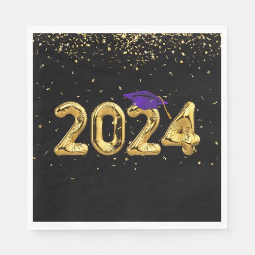 Graduation 2024 Gold Balloons and Purple Cap Napkins