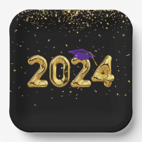 Graduation 2024 Gold Balloons and Purple Cap Paper Plates