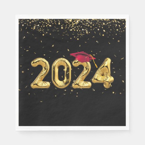 Graduation 2024 Gold Balloons and Red Cap Napkins