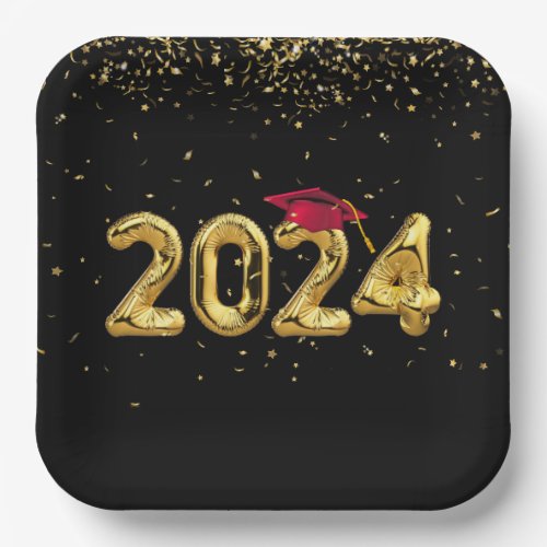 Graduation 2024 Gold Balloons and Red Cap Paper Plates