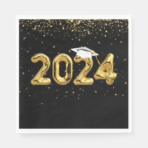 Graduation 2024 Gold Balloons and White Cap Napkins