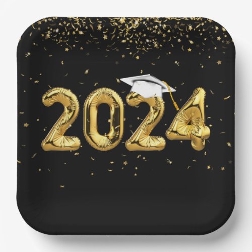Graduation 2024 Gold Balloons and White Cap Paper Plates