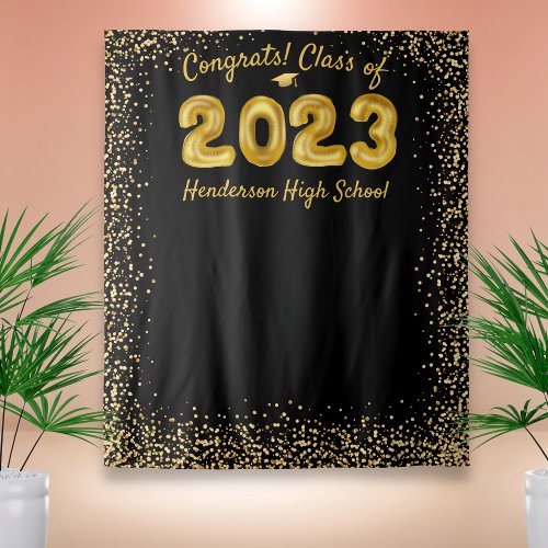 Graduation 2024 Gold Balloons Black Photo Backdrop